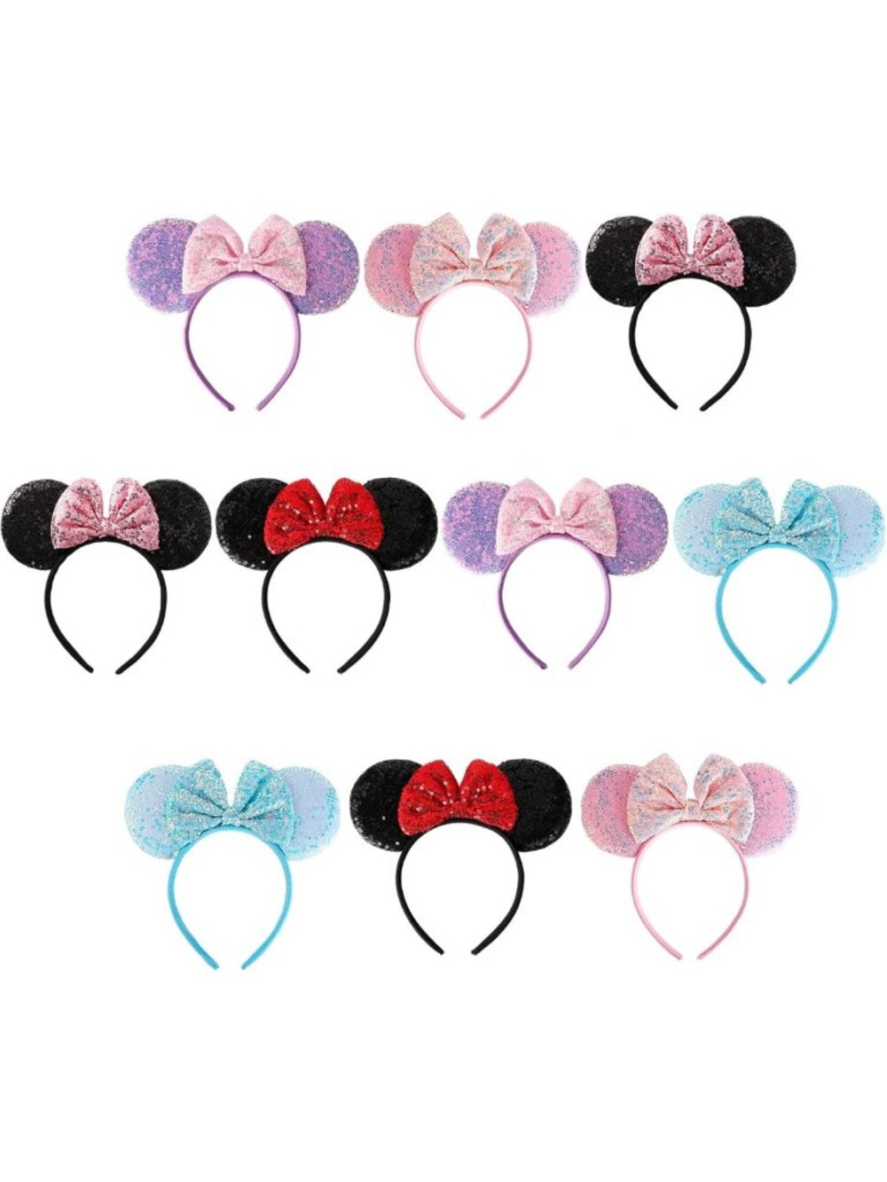 10-Pack Sequin Mouse Ears Headbands with Shiny Bows | Sparkly Hair Accessories